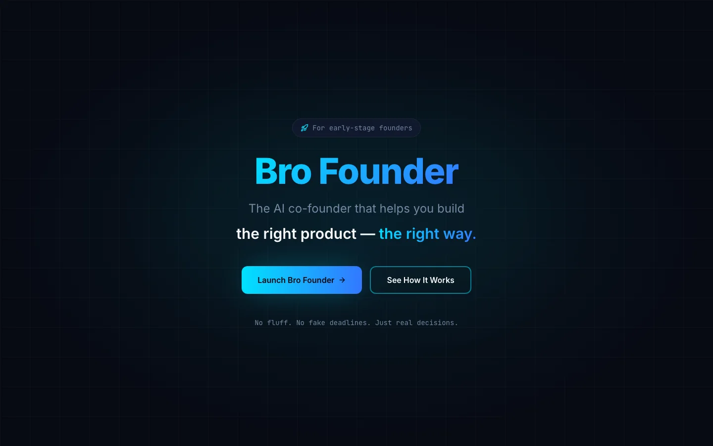 Bro Founder landing page presenting its AI co-founder workspace
