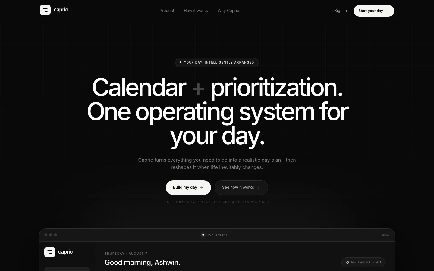 Caprio landing page showing its calendar and intelligent prioritization experience