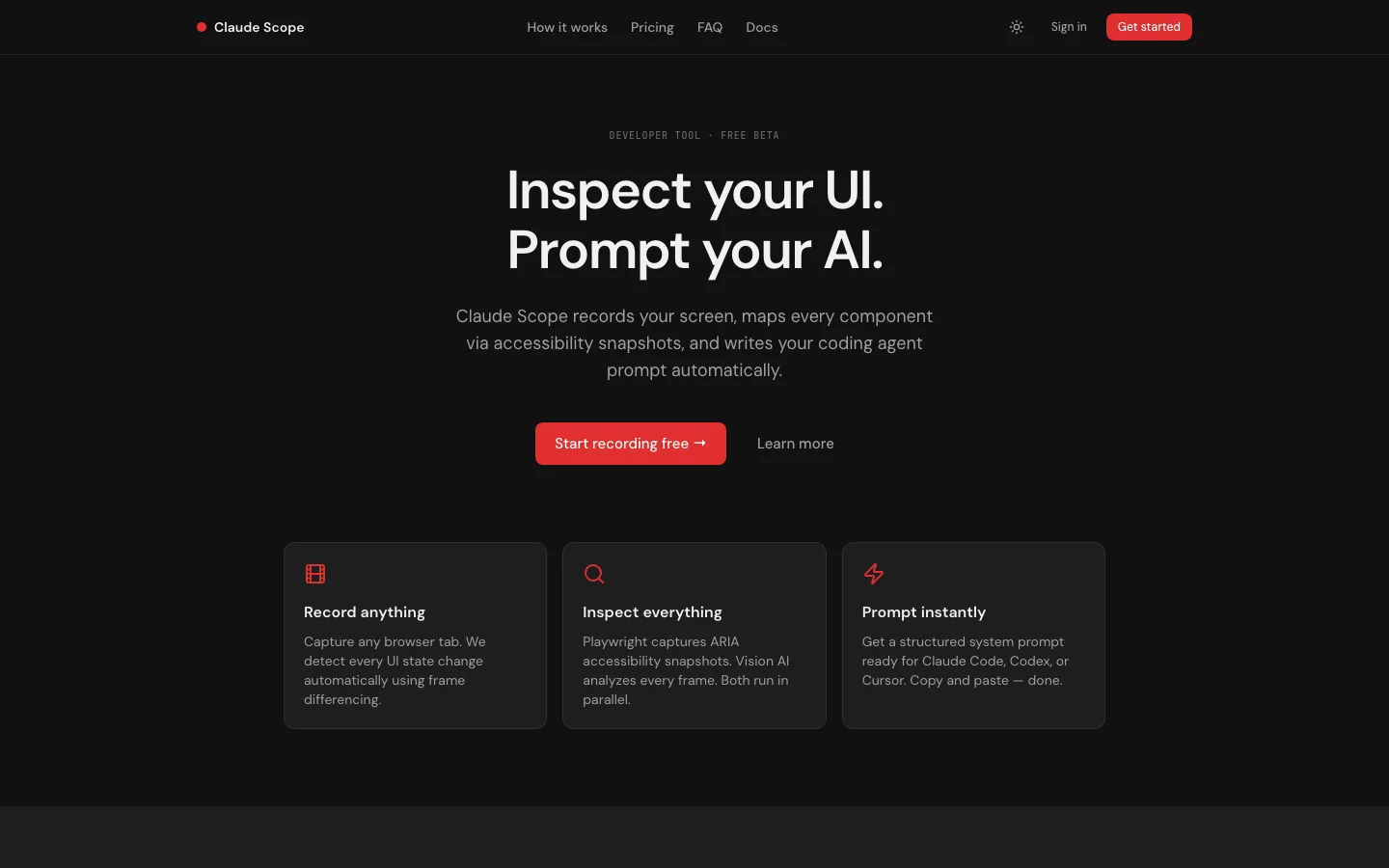 Claude Scope landing page showing its screen recording and AI prompt workflow