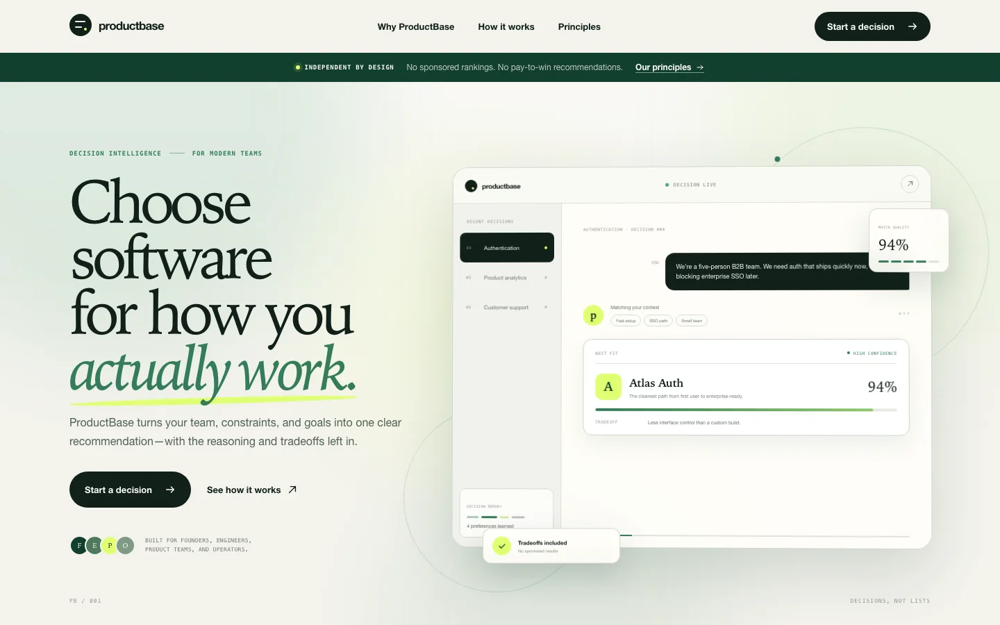Productbase landing page showing its software decision workspace